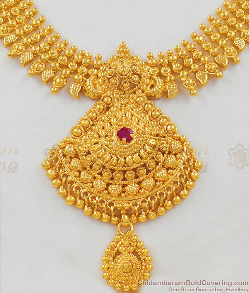 Grand Broad Four Line Kerala Bridal Collections Mango Necklace With Red Stone For Brides NCKN1646