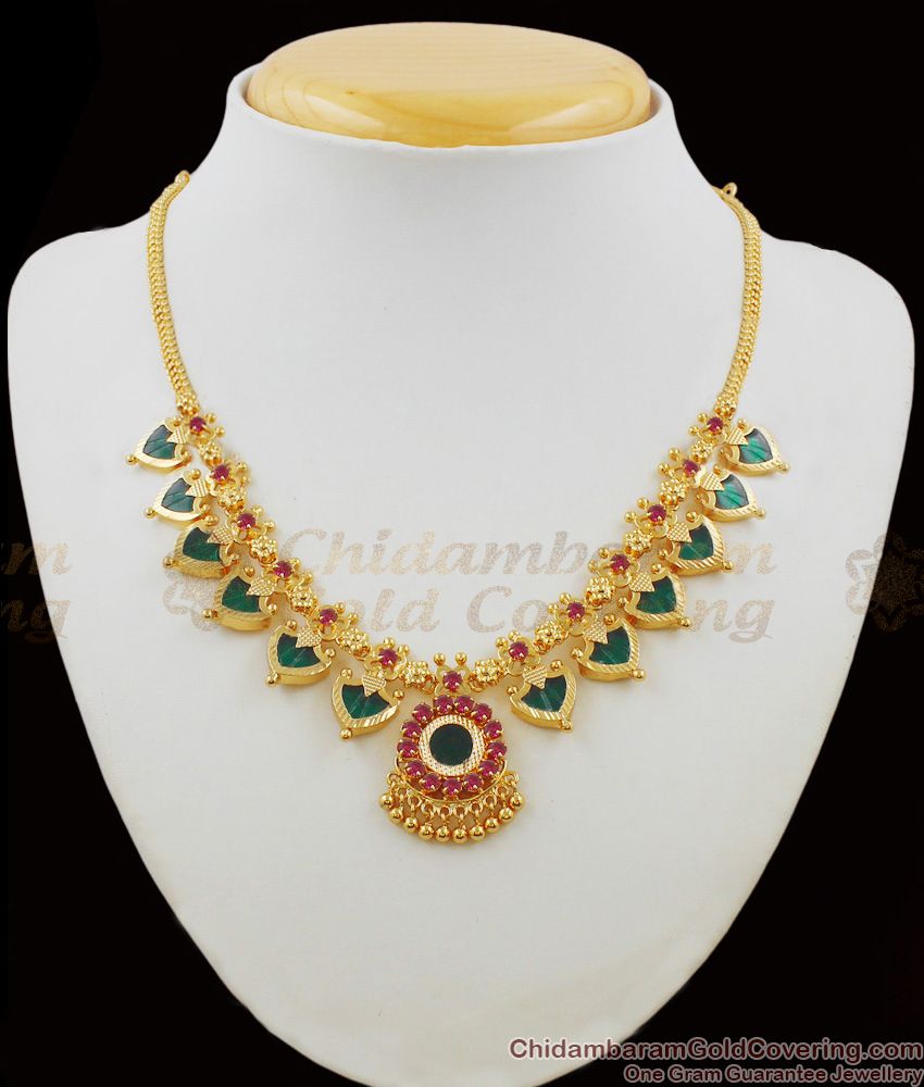 Most Wanted Grand Six Petal Pink And Green Stone Kerala Palakka Necklace NCKN1652