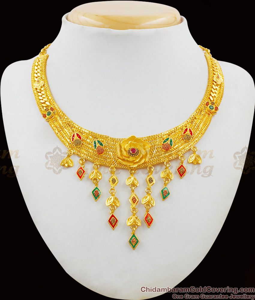 Marvelous Rose Droplet Model Enamel Gold Forming Necklace Bridal Wear Jewelry With Earrings NCKN1659