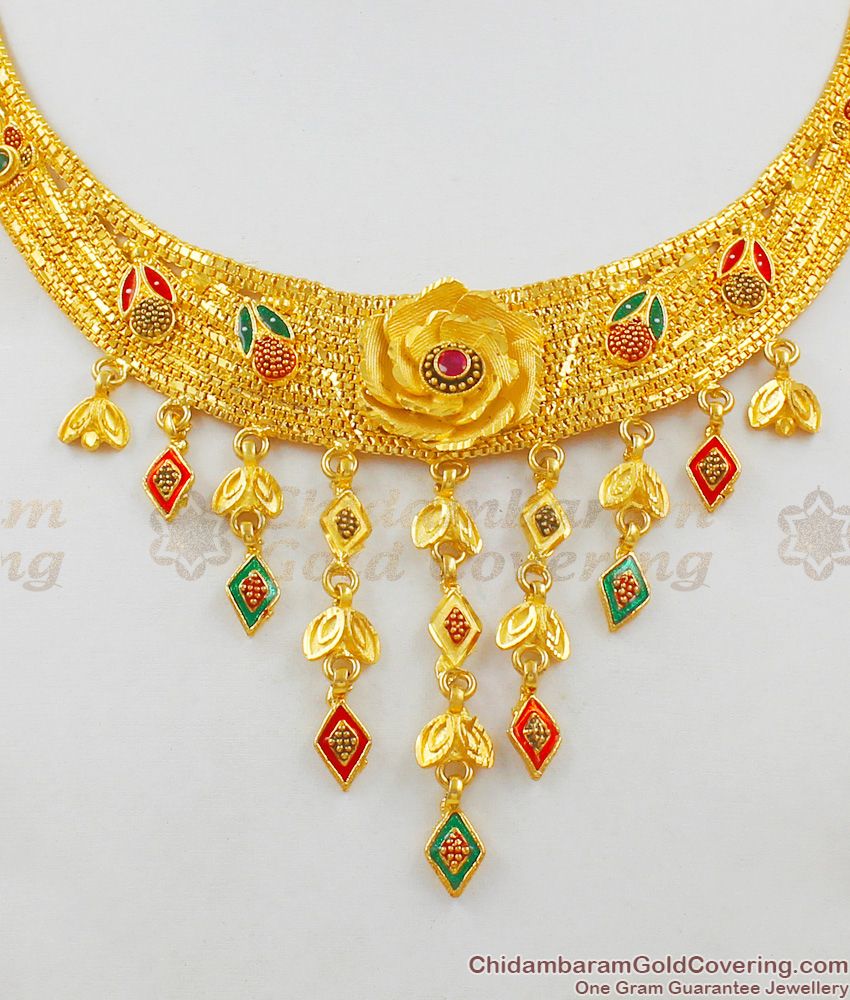 Marvelous Rose Droplet Model Enamel Gold Forming Necklace Bridal Wear Jewelry With Earrings NCKN1659