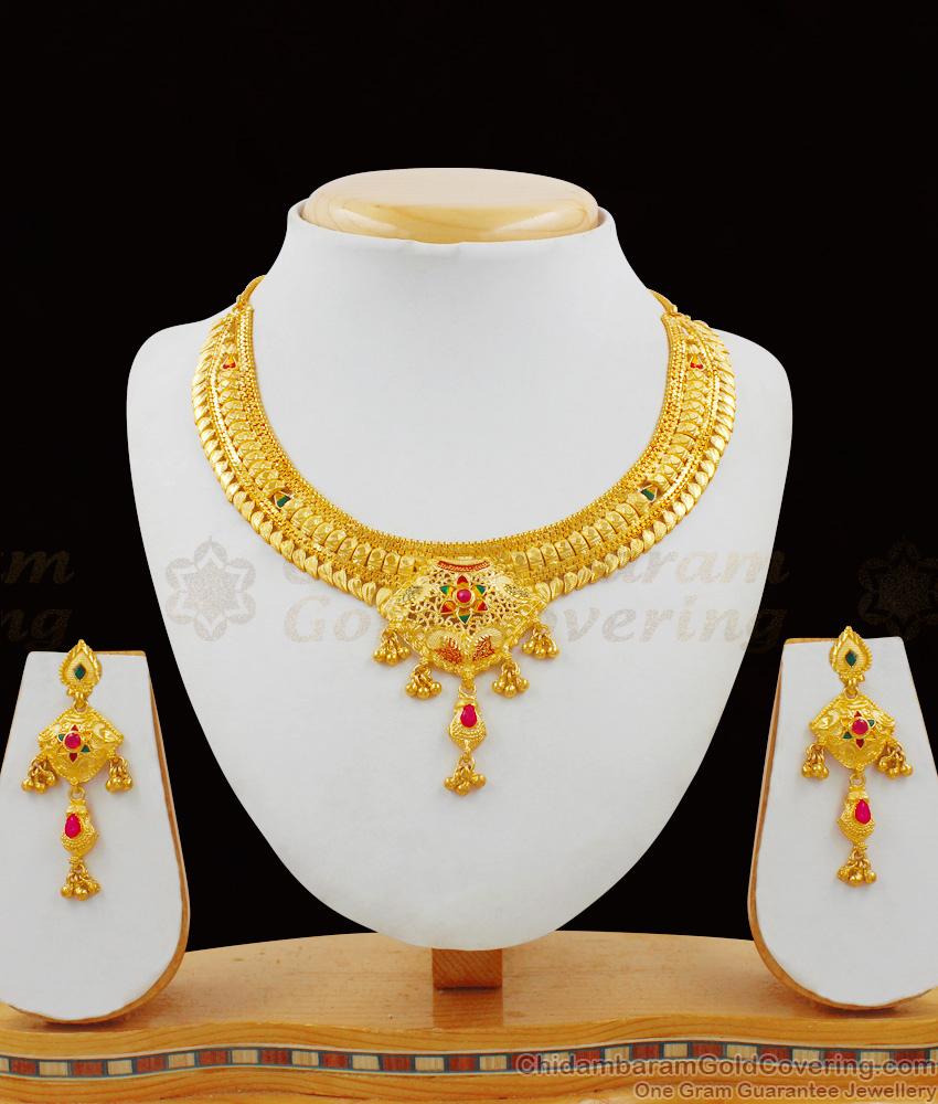 Attractive Enamel Forming Gold Necklace Engagement Set With Suitable Earrings NCKN1663