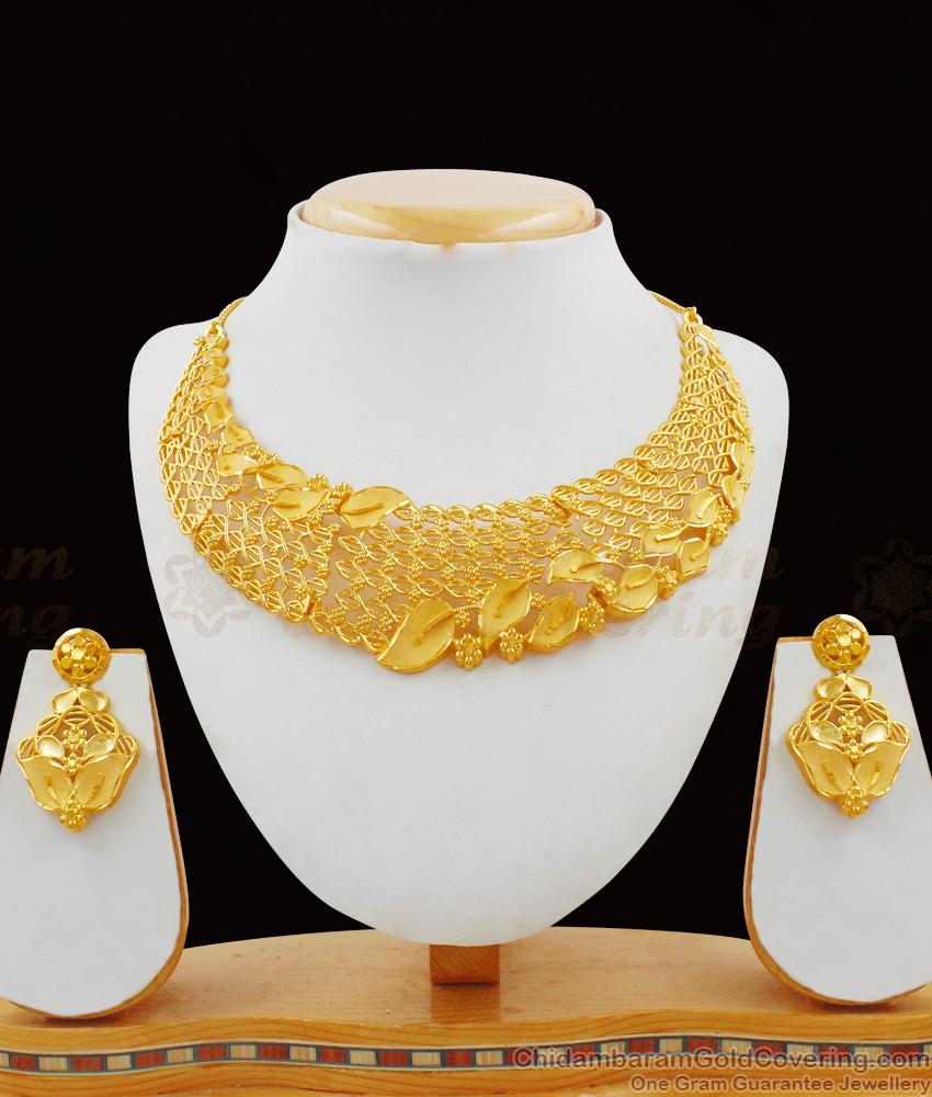 Grand Real Gold Pattern Forming Choker With Pin Type Earrings Bridal Set NCKN1664