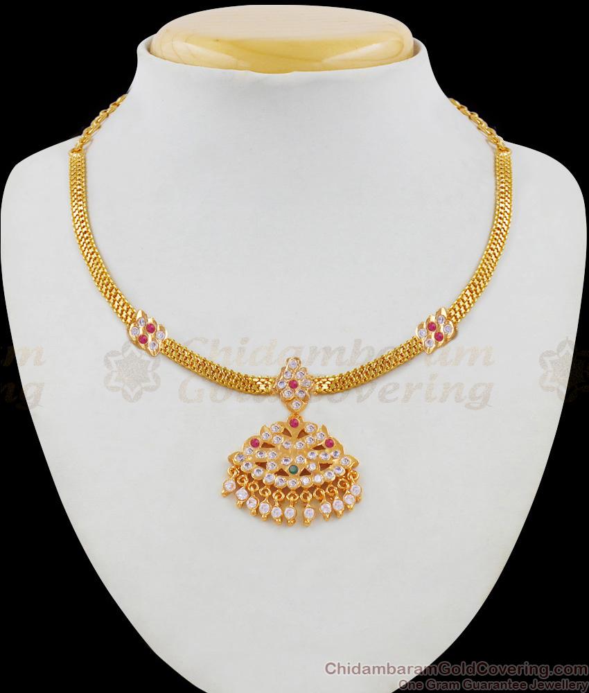 Double Mugappu Impon Attigai Necklace Flower Design With Multi Stones NCKN1672