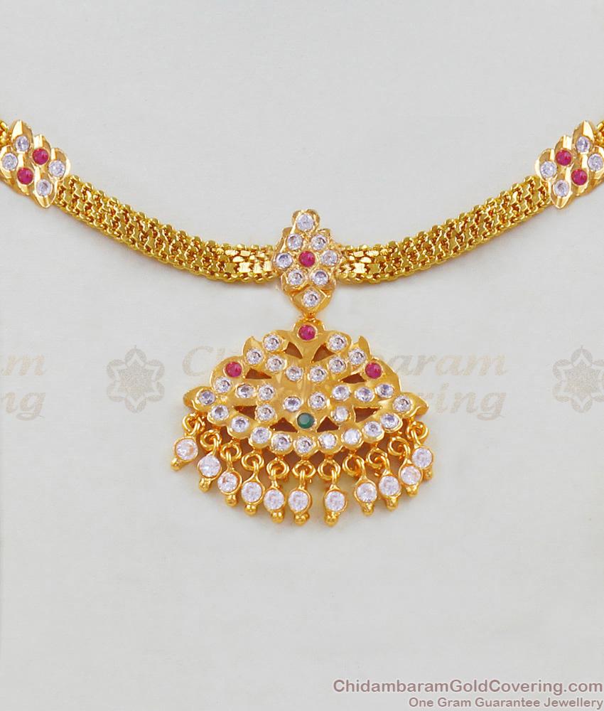 Double Mugappu Impon Attigai Necklace Flower Design With Multi Stones NCKN1672