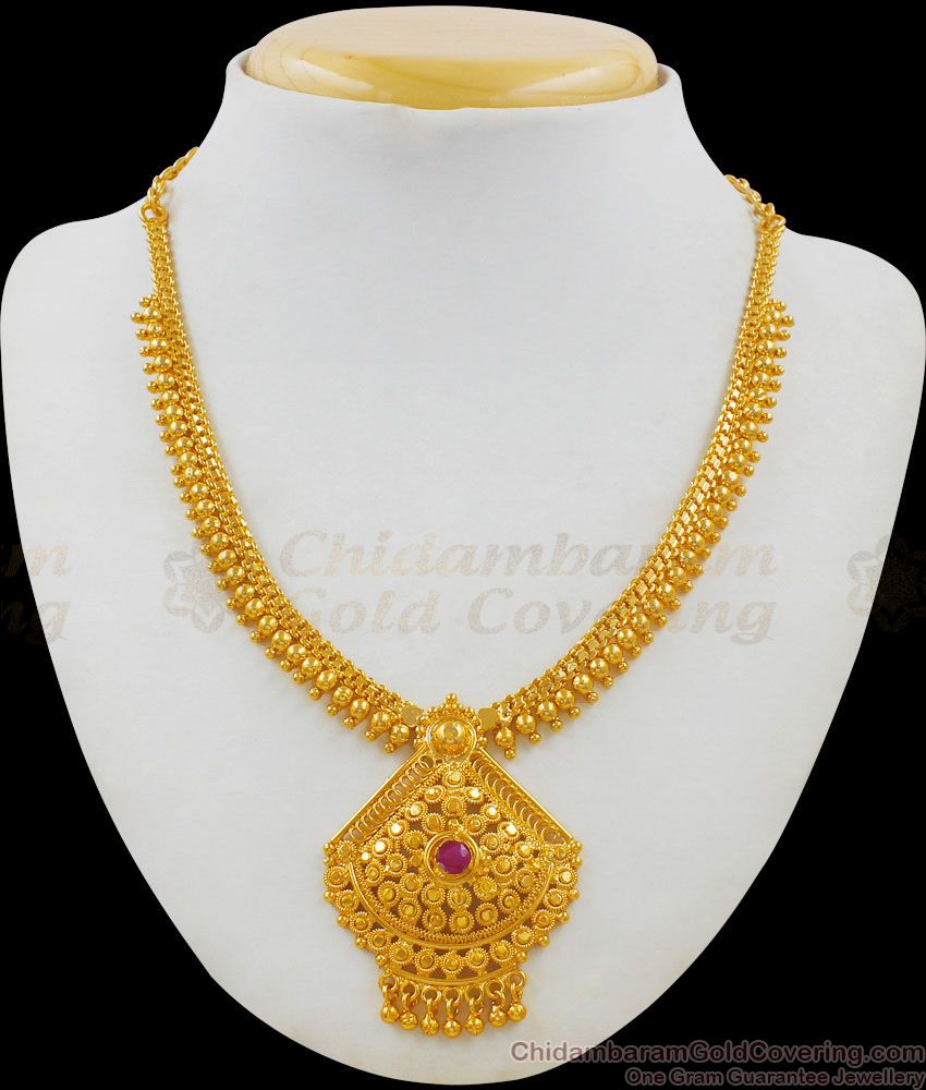 Gold Beads Single AD Stone Gold Plated Bridal Necklace South Indian Design NCKN1693