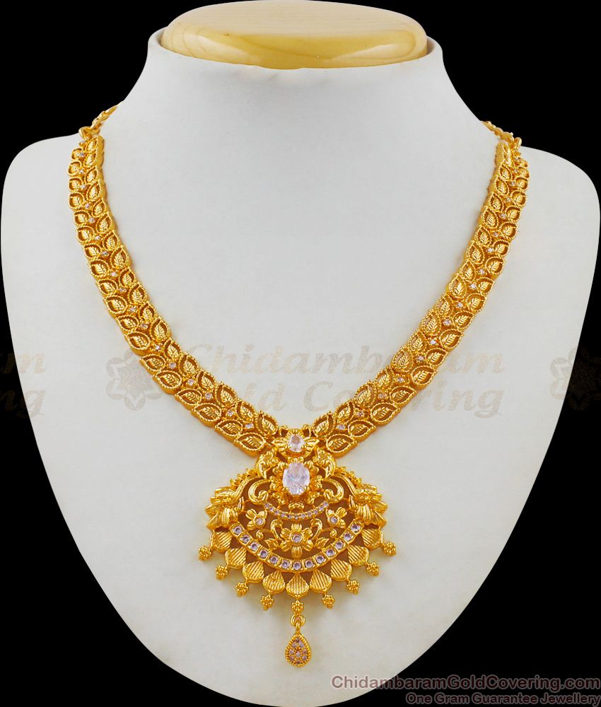 CZ Stone Leaf Design Kerala Necklace Patterns for Marriage Functions NCKN1698