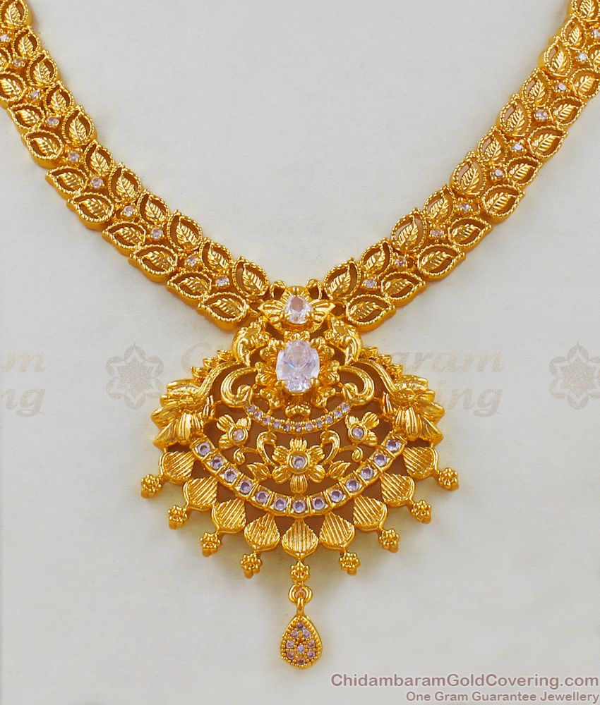 CZ Stone Leaf Design Kerala Necklace Patterns for Marriage Functions NCKN1698