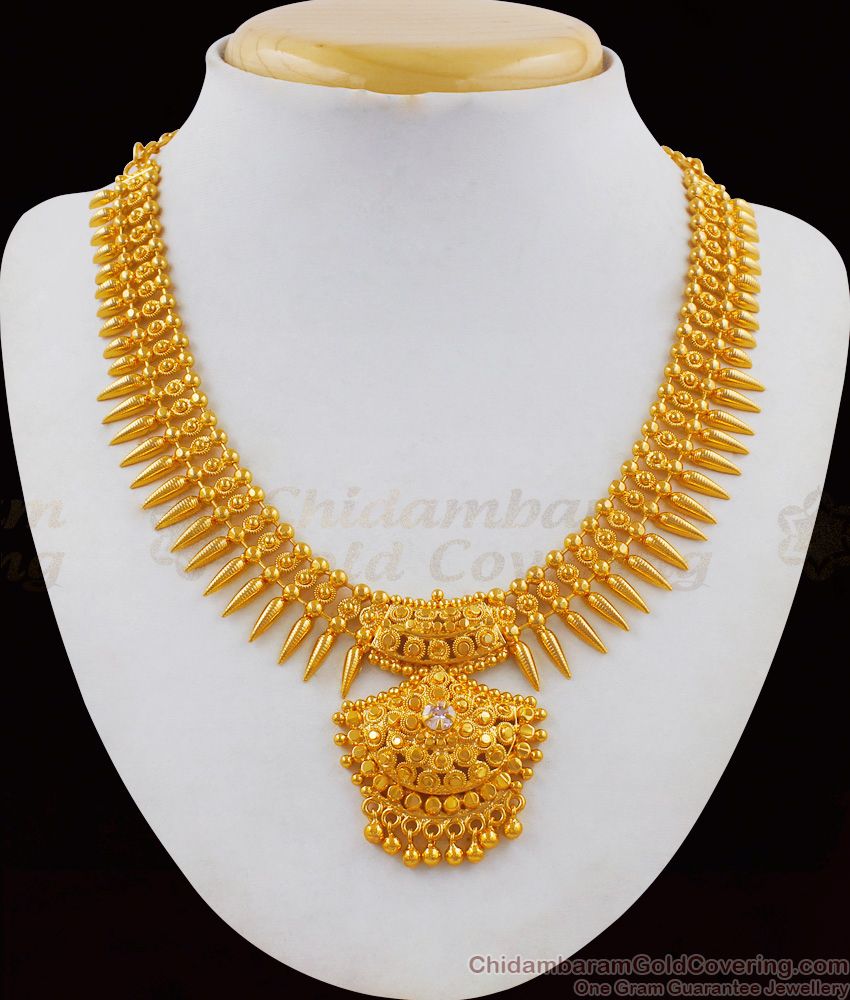Grand Gold Single White Stone Mullaipoo Necklace Kerala Jewelry NCKN1708