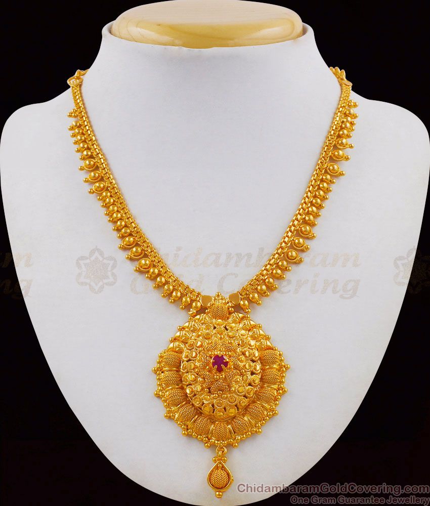 Elegant Single Ruby Stone Gold Imitation Bridal Wear Necklace Model NCKN1710