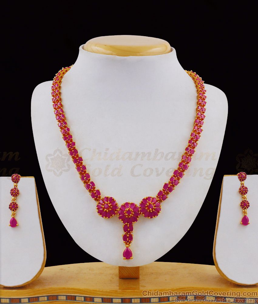 Fancy Flower Design Ruby Stone Semi Precious Necklace Earrings Combo Set NCKN1712