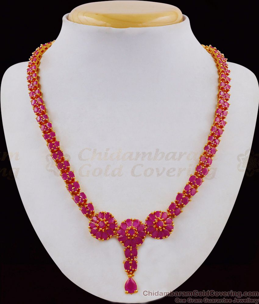 Fancy Flower Design Ruby Stone Semi Precious Necklace Earrings Combo Set NCKN1712