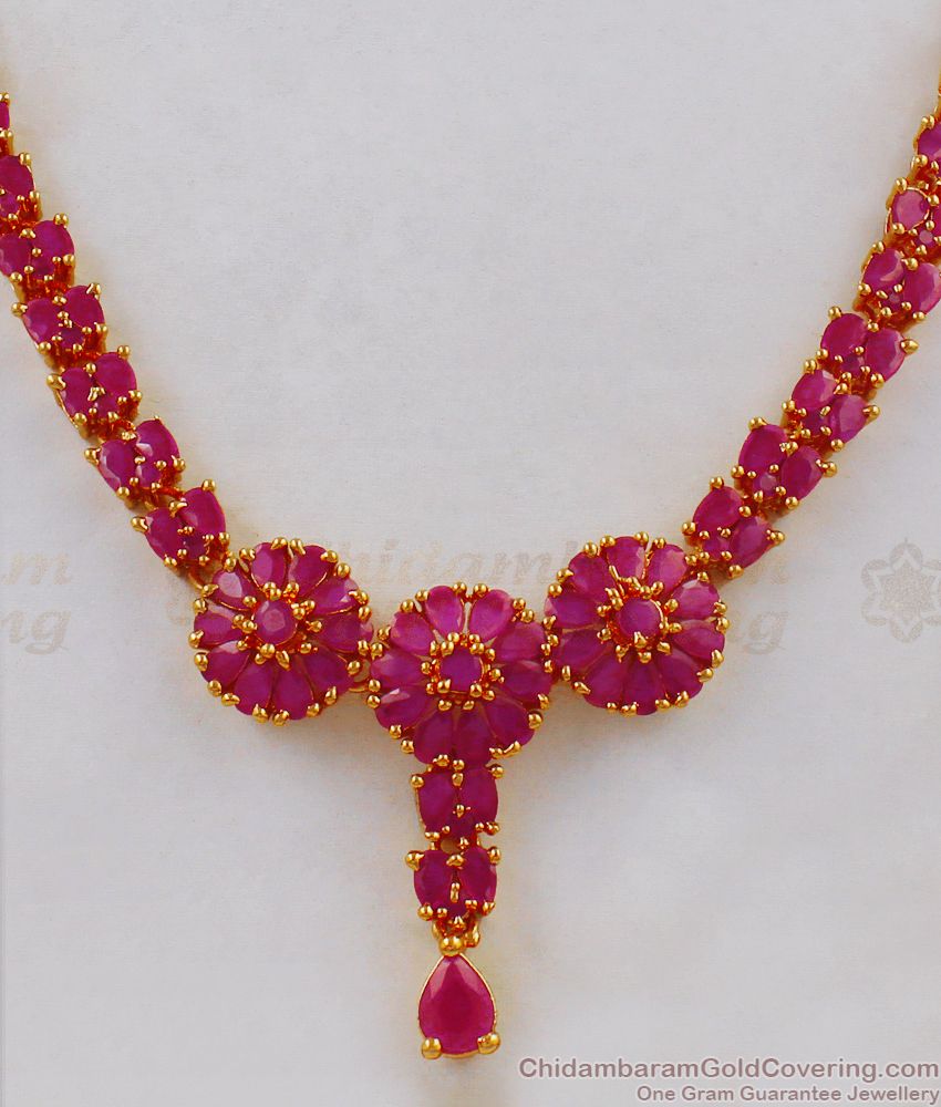 Fancy Flower Design Ruby Stone Semi Precious Necklace Earrings Combo Set NCKN1712