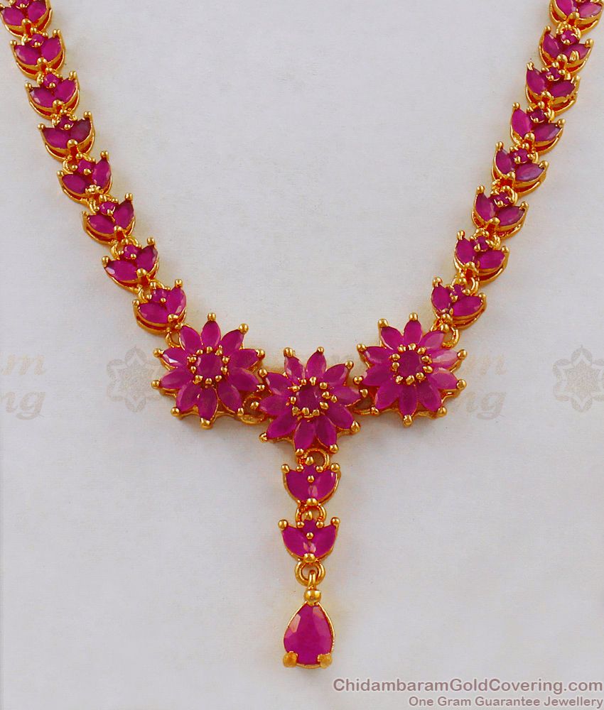 Cute Flower Design Ruby Stone Semi Precious Necklace Earrings Set NCKN1714