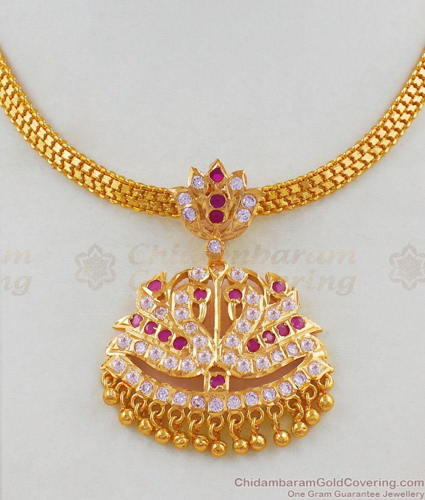 Amazing Gold Impon Peacock Design Ruby White Stone Necklace Chain New Arrival NCKN1743