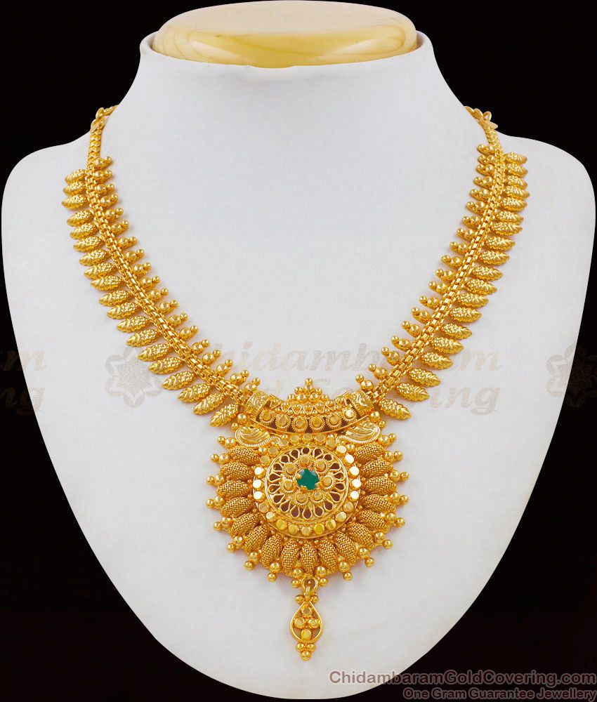 Magnificent Gold Imitation Kerala Leaf Model Bridal Necklace Emerald Stone NCKN1751