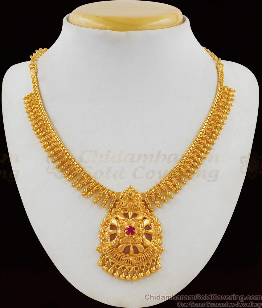 One Gram Gold Single Ruby Stone Mullaipoo Necklace Kerala Jewelry NCKN1759