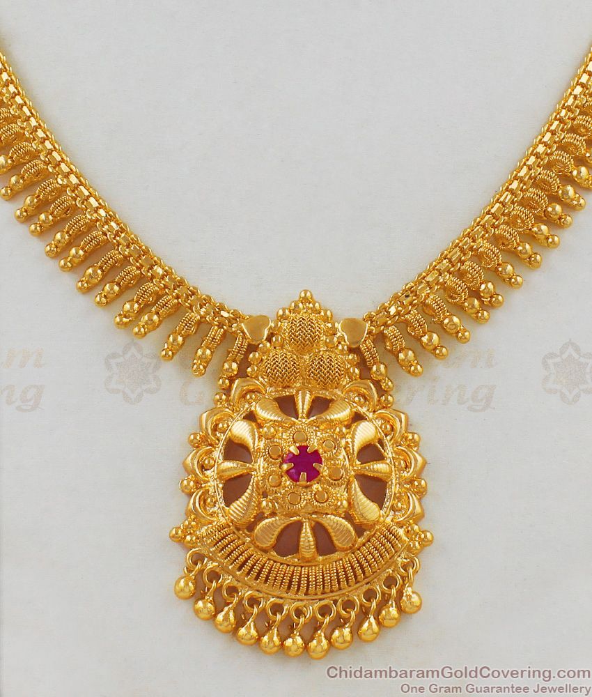 One Gram Gold Single Ruby Stone Mullaipoo Necklace Kerala Jewelry NCKN1759