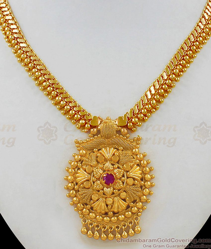 Grand S-Chain Pattern Kerala Necklace With Single Ruby Stone NCKN1766