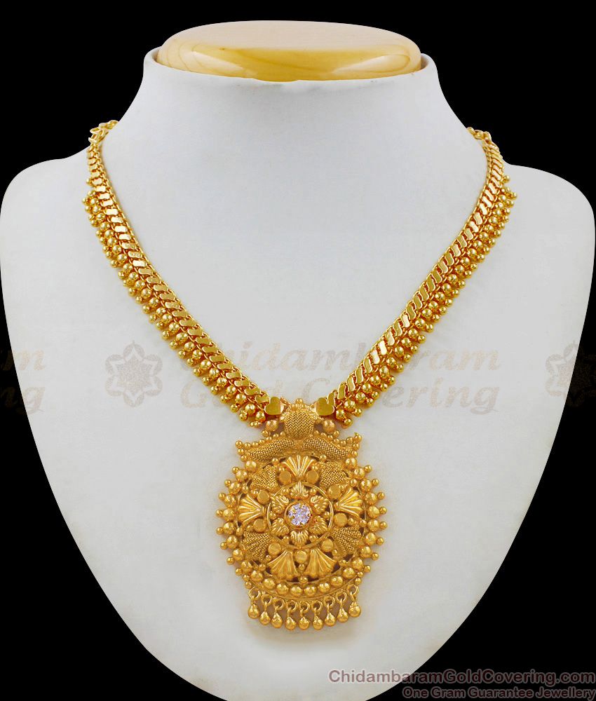Grand S-Chain Pattern Kerala Necklace With Single White Stone NCKN1767