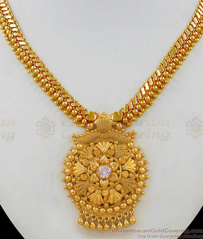 Grand S-Chain Pattern Kerala Necklace With Single White Stone NCKN1767