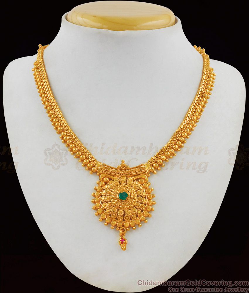 Gold Beads Single Emerald Stone Gold Necklace For Womens NCKN1770