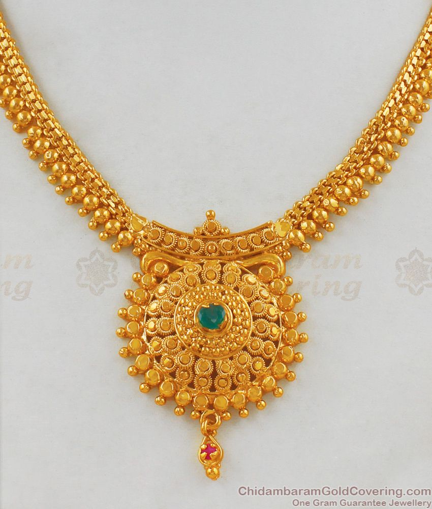 Gold Beads Single Emerald Stone Gold Necklace For Womens NCKN1770