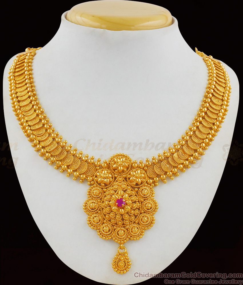 Grand Broad Kerala Bridal Collections Necklace With Ruby Stone NCKN1774