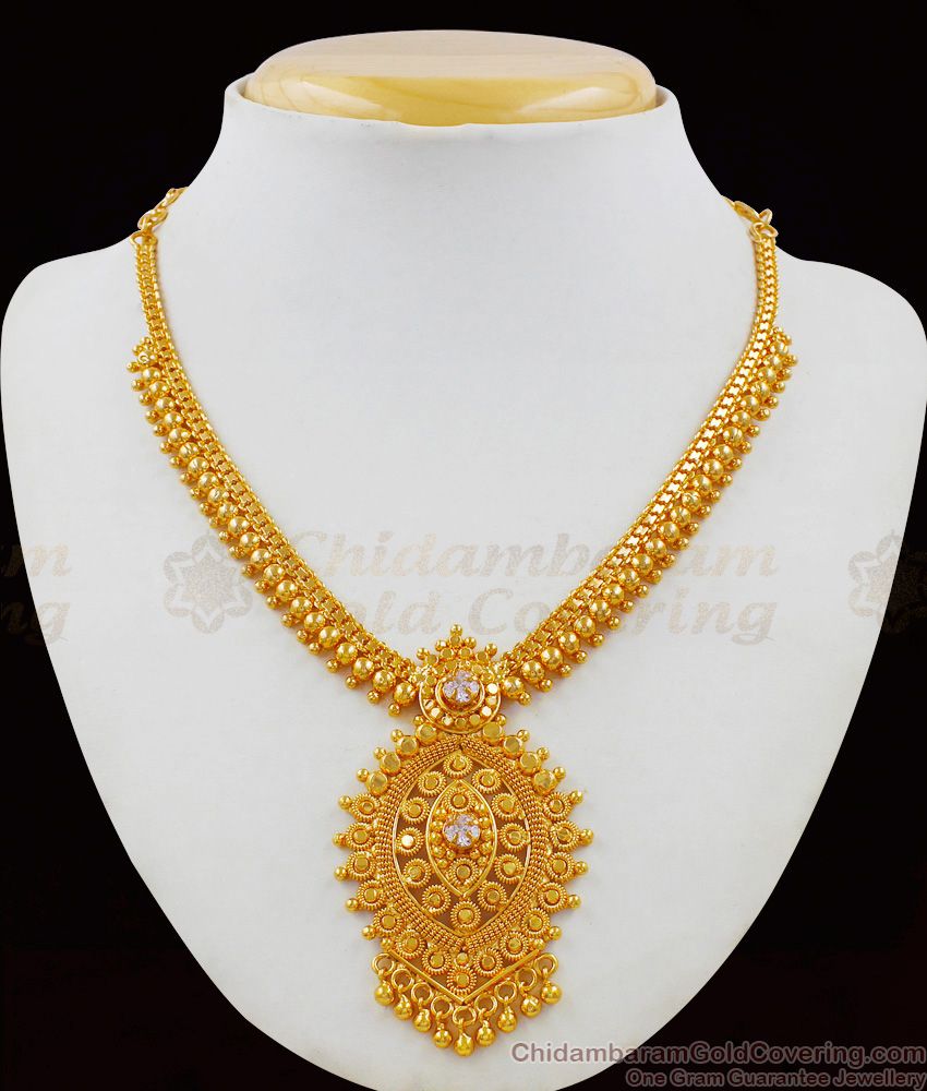Vivid Gold Inspiring Bridal Necklace With AD White Stone Design NCKN1779