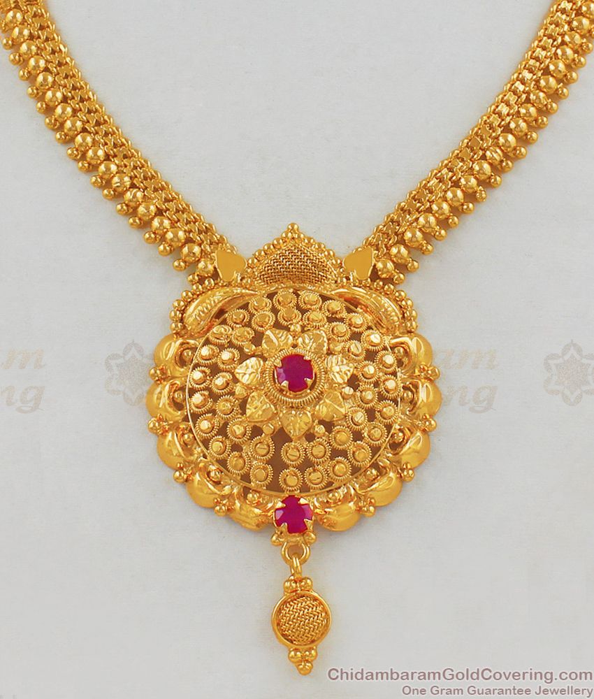 Attractive Ruby Stone Kerala Design Gold Necklace For Women NCKN1780