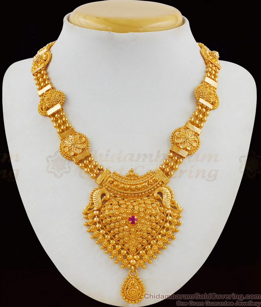 Grand Broad Kerala Bridal Collections Necklace With Ruby Stone NCKN1782