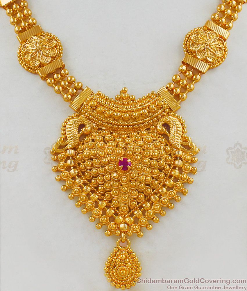 Grand Broad Kerala Bridal Collections Necklace With Ruby Stone NCKN1782