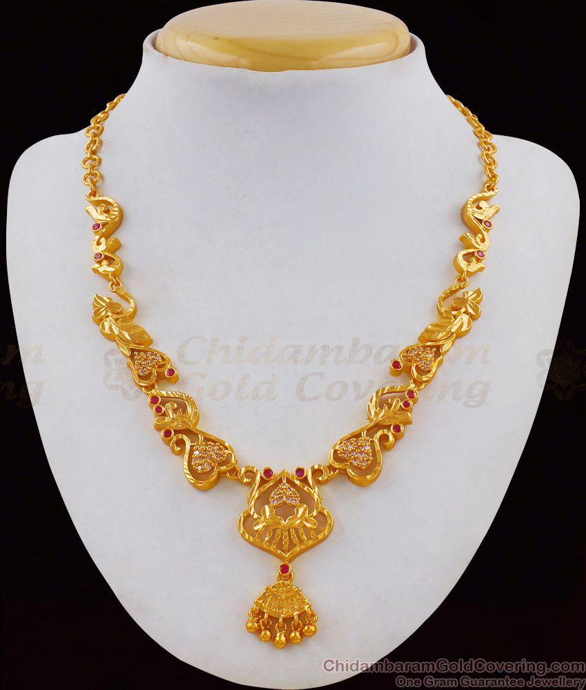 Aspiring Gold Tone Peacock Design With Multi Color Stone Necklace pattern NCKN1786