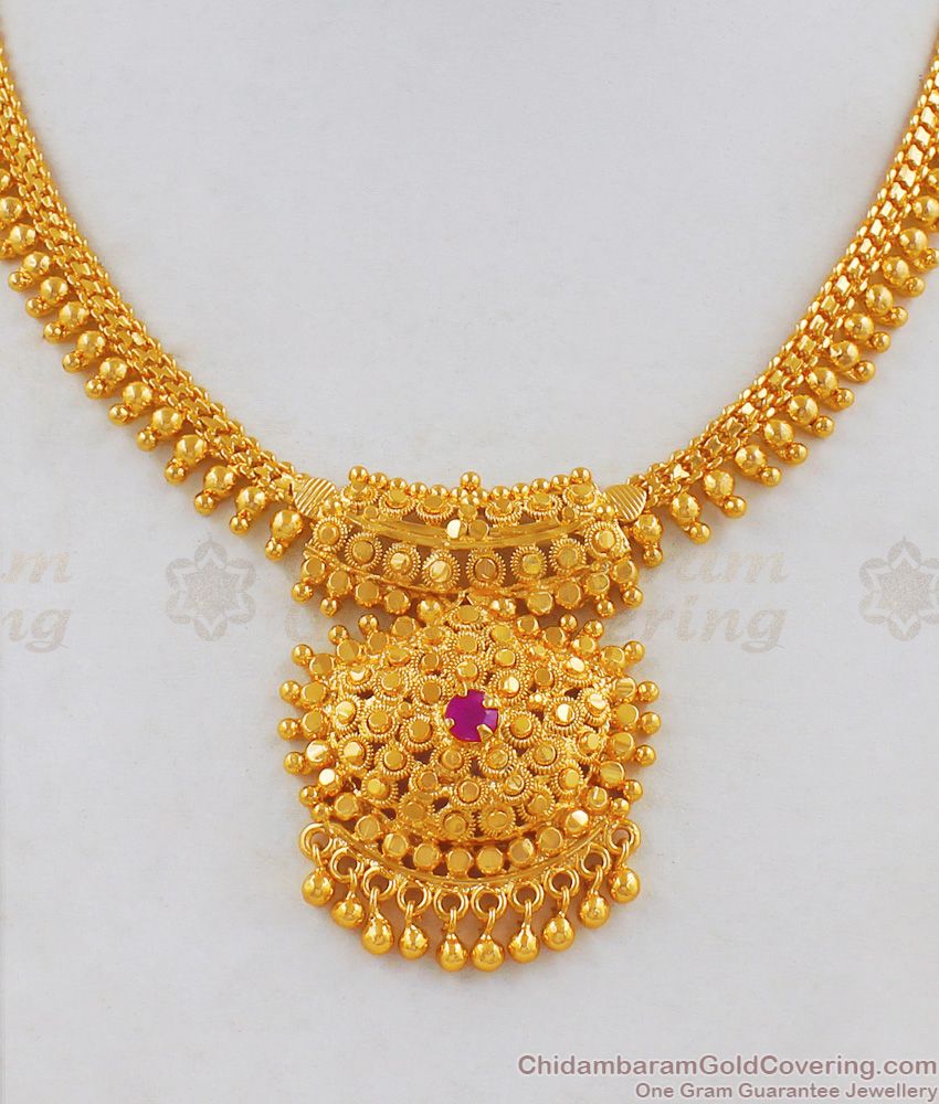 Gold Inspired Single Ruby Stone Gold Necklace For Womens NCKN1798