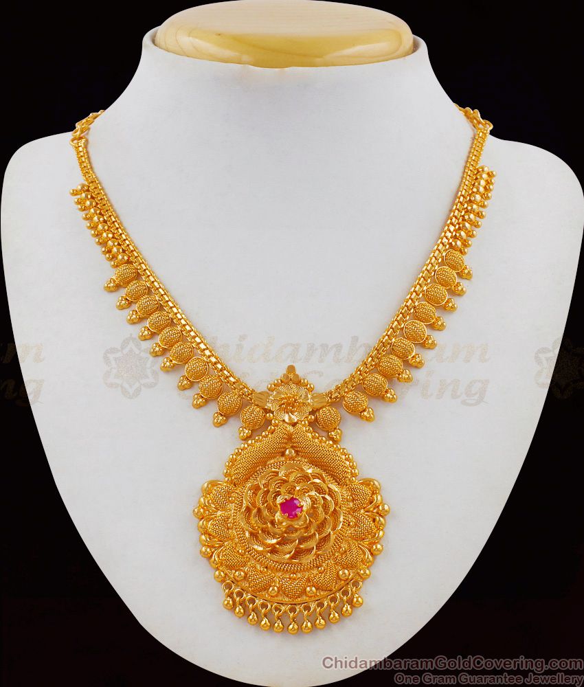 Grand Flower Work Kerala Bridal Collections Necklace With Ruby Stone NCKN1802