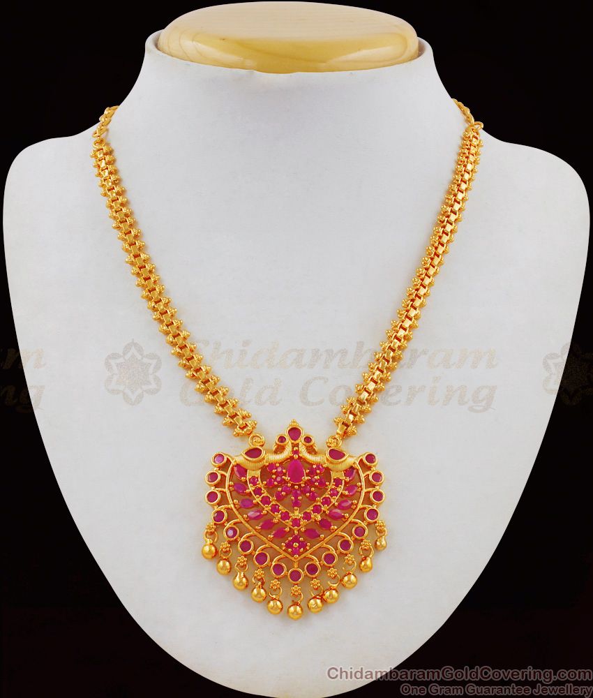 Iconic Peacock Feather Full Ruby Stone Dollar Gold Thick Chain Necklace NCKN1803