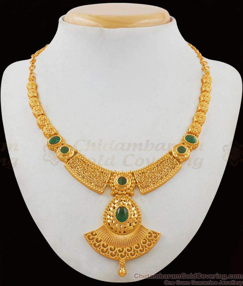 Latest Gold necklace Design One Gram Gold With Emerald Stone Bridal Wear NCKN1822