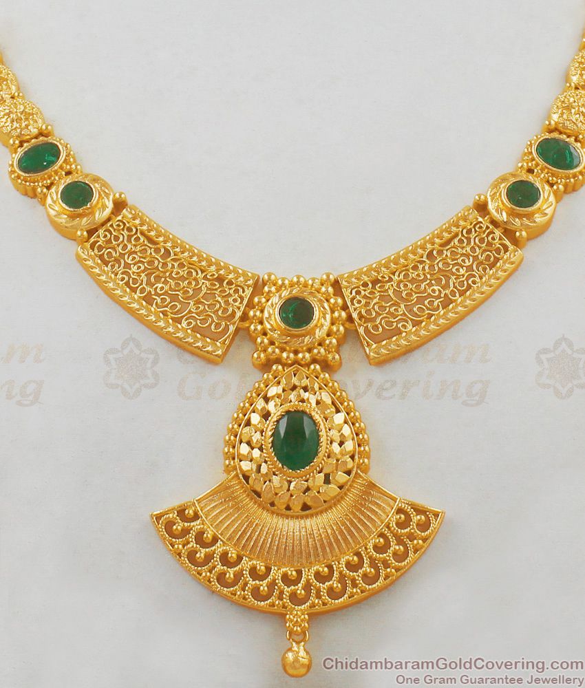 Latest Gold necklace Design One Gram Gold With Emerald Stone Bridal Wear NCKN1822