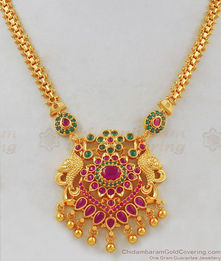 Beautiful Peacock Multi Kemp Stone Gold Necklace Design For Bridal Collection NCKN1831