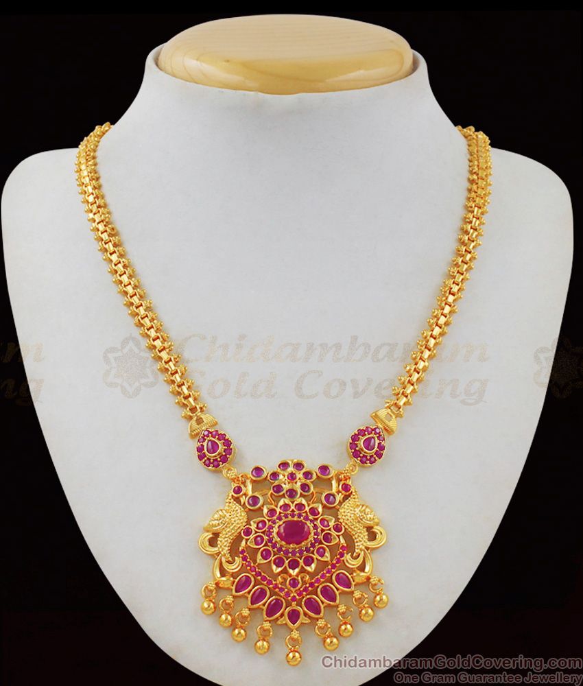 Trendy Peacock Pink Kemp Stone Gold Necklace Design For Bridal Collection NCKN1832