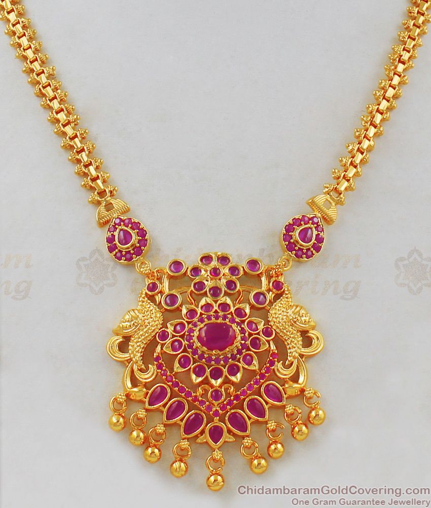 Trendy Peacock Pink Kemp Stone Gold Necklace Design For Bridal Collection NCKN1832