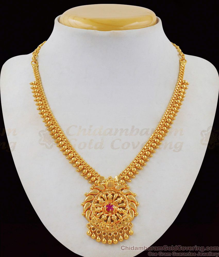Single Ruby Stone Simple Bridal Gold Necklace For Women Gold Plated Jewelry NCKN1880 Single Ruby Stone Simple Bridal Gold Necklace For Women Gold Plated Jewelry NCKN1880