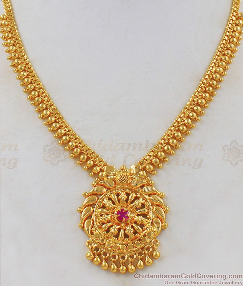 Single Ruby Stone Simple Bridal Gold Necklace For Women Gold Plated Jewelry NCKN1880 Single Ruby Stone Simple Bridal Gold Necklace For Women Gold Plated Jewelry NCKN1880