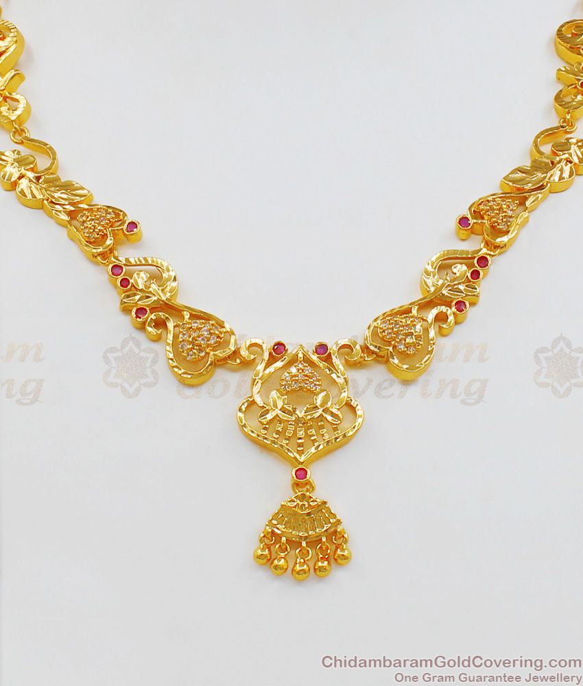 Sri Lankan Model Gold Necklace Peacock Design With Ruby Stone Necklace pattern NCKN1891