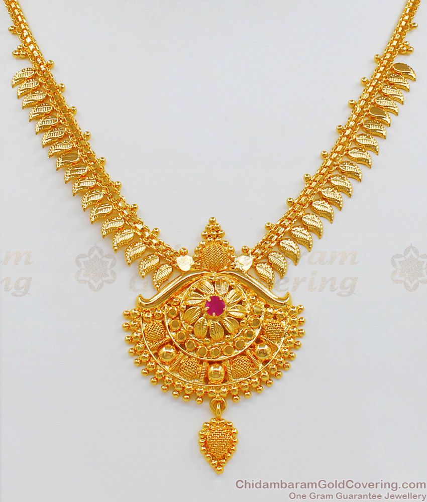 Single Ruby Stone Gold Necklace Design For Women Gold Plated Jewelry Collection NCKN1896