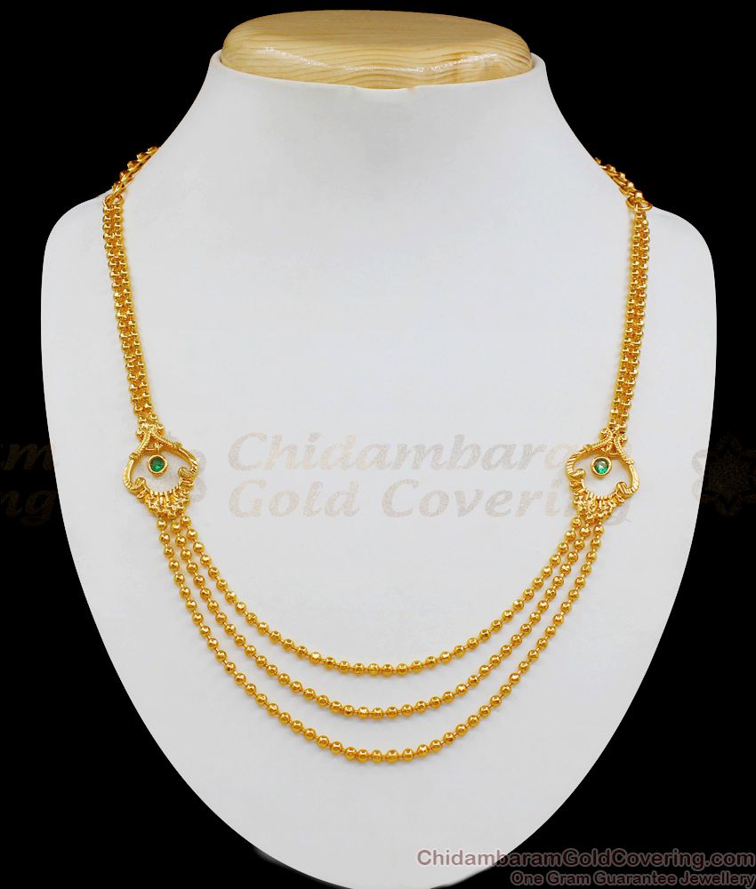 Three Lines Gold Necklace With Beautiful Green AD Stone Necklace Collection For Women NCKN1899