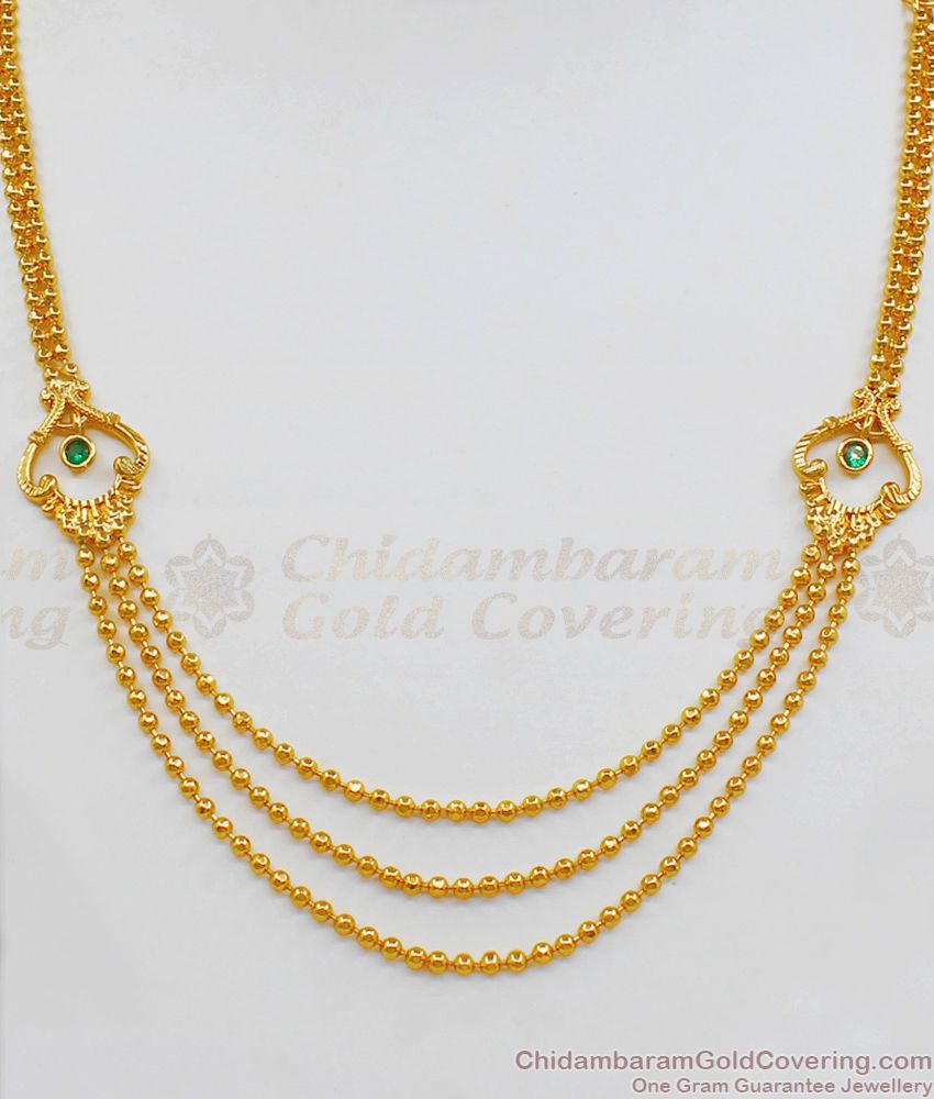 Three Lines Gold Necklace With Beautiful Green AD Stone Necklace Collection For Women NCKN1899