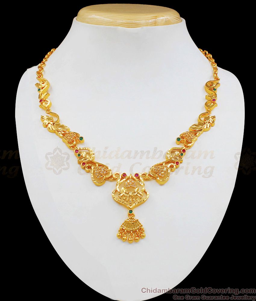 Sri Lankan Model Gold Necklace Peacock Design With Multi Colour Stone Necklace pattern NCKN1901