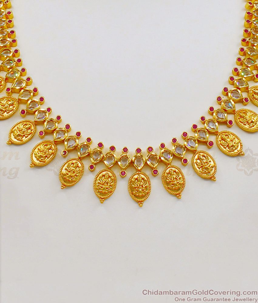 Real Polki Stone Lakshmi Coin Gold Necklace Design With Earring Gold Plated Jewelry NCKN1903