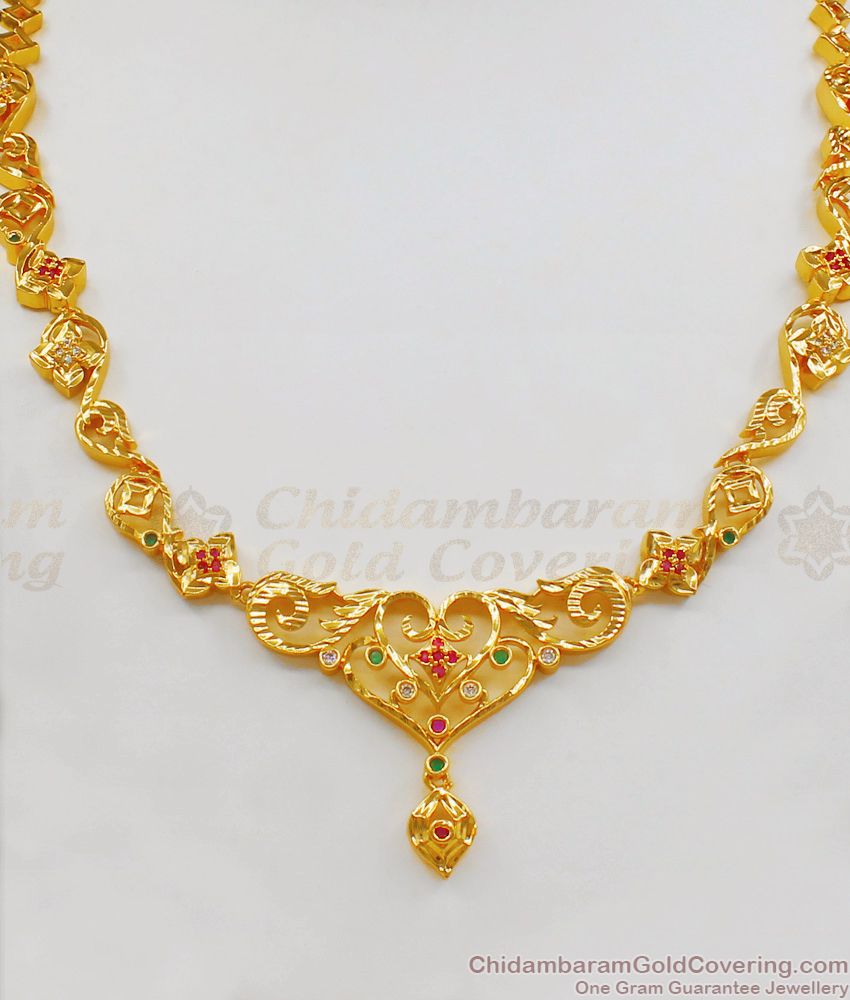 Trendy Sri Lankan Model Gold Necklace Design With Multi Colour Stone pattern NCKN1904