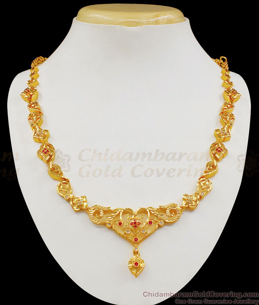 Fast Moving Sri Lankan Gold Necklace Design With Ruby And White Colour Stone pattern NCKN1908